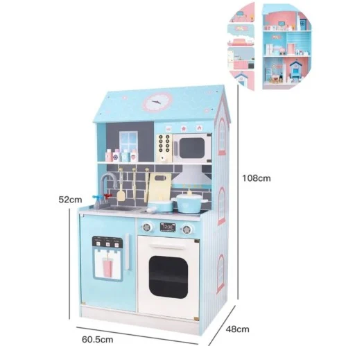 The complete villa includes a wooden kitchen and a 2-in-1 playhouse for children.