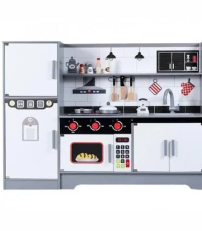 A complete wooden kitchen with a modern design for children